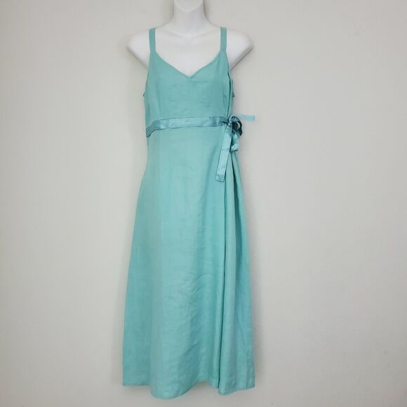 Willi Smith Dress 8 Green Linen Midi Faux Wrap Cottagecore Romantic Feminine - Picture 1 of 8